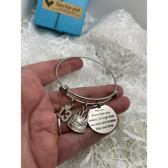 13th Happy Birthday "Your braver than you believe..." Charm Spring Bracelet - Picture 7 of 12